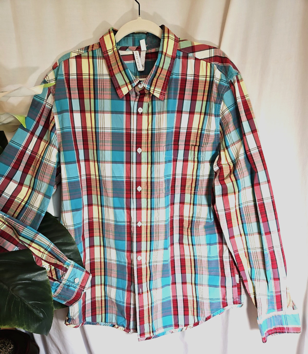 Kirra Colorful Plaid Button-down Mens Size XL Turquoise Red Preppy Classic EUC